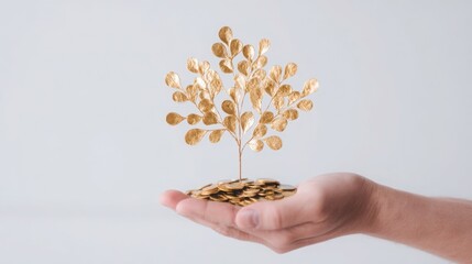 A hand holding a gold tree with gold coins on top