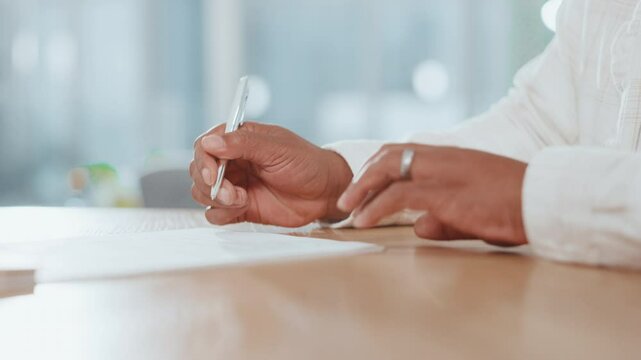 Hands, paperwork and woman with signature on contract for insurance policy, title deed and compliance agreement. Closeup, person and writing on legal document for loan application or settlement deal