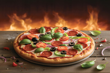 A delicious pizza with pepperoni, tomatoes, olives, and basil on a wooden surface with fire background