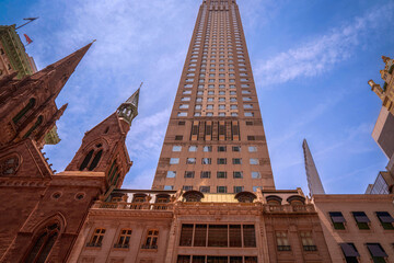 The Fifth Avenue Presbyterian Church and modern architecture near Fifth Avenue in Midtown Manhattan, NYC