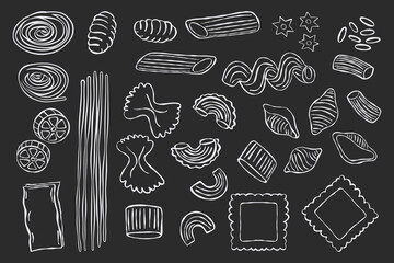 Pasta icons. Macaroni food symbols with penne farfalle ravioli fusilli spaghetti tortellini lasagna fettuccine, traditional italian noodles types. Vector hand drawn set