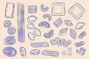 Pasta icons. Macaroni food symbols with penne farfalle fusilli ravioli spaghetti tortellini lasagna fettuccine, traditional italian noodles types. Vector hand drawn set