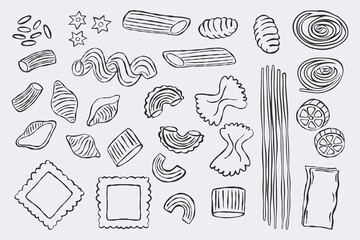 Pasta icons. Macaroni food symbols with penne farfalle ravioli fusilli spaghetti tortellini lasagna fettuccine, traditional italian noodle types. Vector hand drawn set