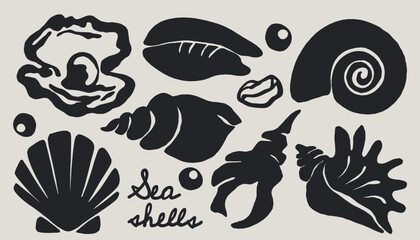 Abstract shell icons. Abstract seashells silhouettes different shapes contemporary hand drawn style, summer sea ocean vacation beach concept, vintage marine art. Vector set