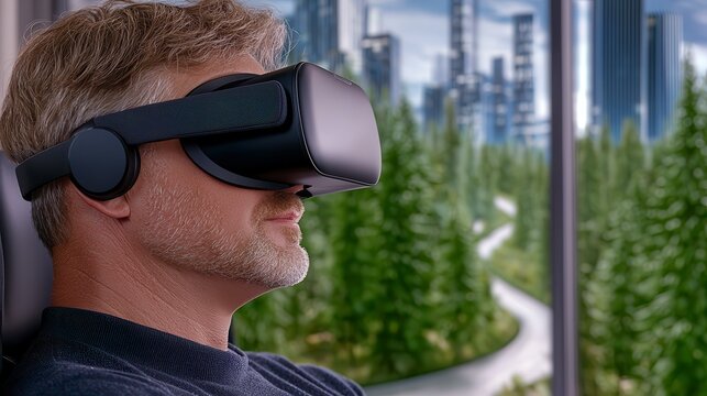 Man Wearing Virtual Reality Headset Experiencing Futuristic Cityscape and Winding Road