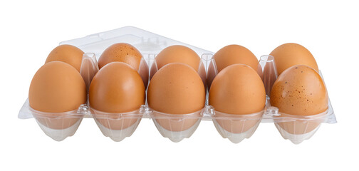 Fresh brown eggs in a clear plastic carton for safe transportation and easy storage in the fridge