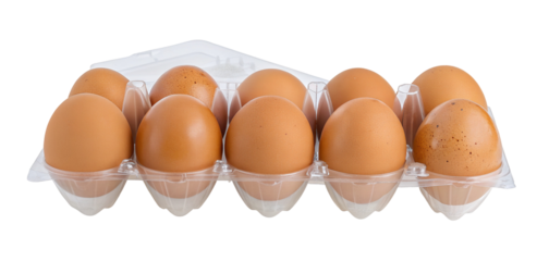 Fresh brown eggs in a clear plastic carton for safe transportation and easy storage in the fridge