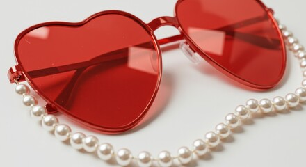 Heart-shaped red sunglasses with a pearl chain