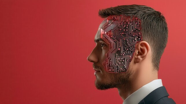Profile of a Man with Pixelated Circuitry on Face Against Red Background