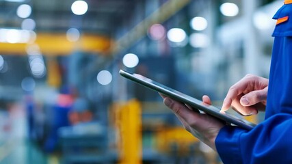 Worker hand using digital tablet monitoring automation technology in factory industry accessing data. Digital Transformation concept. 4K video clip - Powered by Adobe