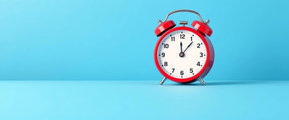 Red alarm clock on blue background, flat vector illustration,  red,  symbol
