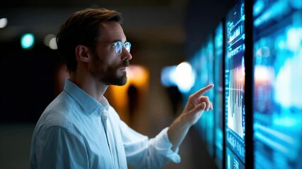 Businessman data analysis and technology innovation in modern professional office, interactive digital screen analytics, blue light environment, smart workplace, futuristic information visualization - Powered by Adobe