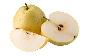 Fresh sliced asian pear halves on black background for healthy fruit diet or culinary ingredients