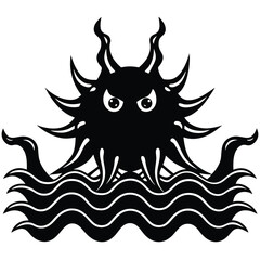 Fearsome kraken monster emerging from wavy ocean waters silhouette