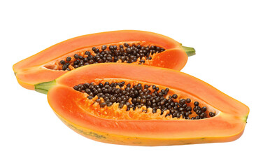 Fresh tropical papaya fruit with seeds cut in half on black background for healthy eating concept