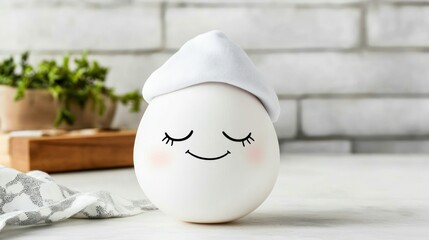 Egg with hat and cute face on white surface