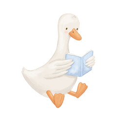 Watercolor cute baby sitting goose with book. Funny cartoon reading animal isolated on white background for childish book