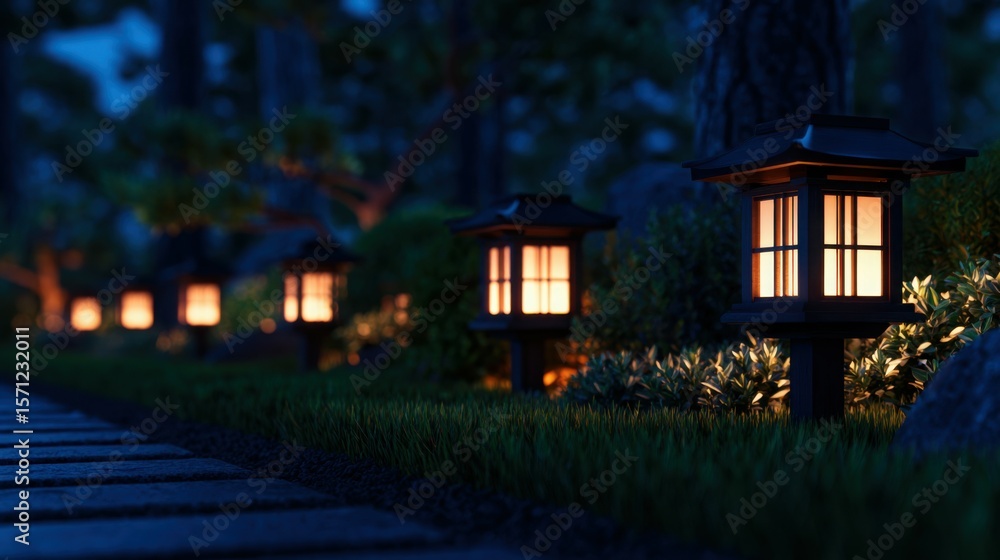 Poster a row of lanterns are lit up in a forest setting