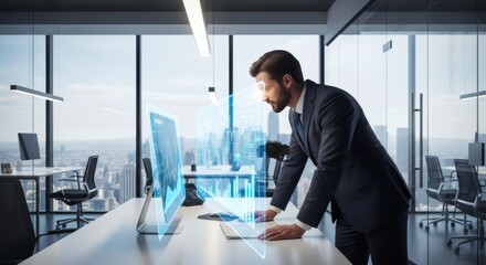 Sophisticated businessman examining futuristic interface for data analysis at work