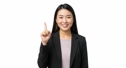Confident Asian Businesswoman Pointing Up, Idea Concept; Clean White Background