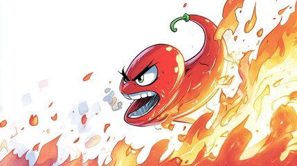 Fiery chili pepper character, flames erupting