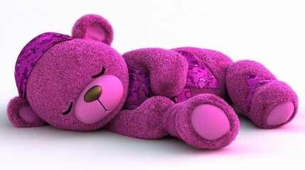 A plush pink teddy bear, wearing a patterned bandana, lies asleep on a white background