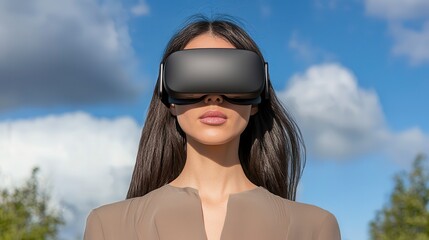 Fototapeta premium Woman Wearing VR Headset Outdoors Under a Cloudy Sky