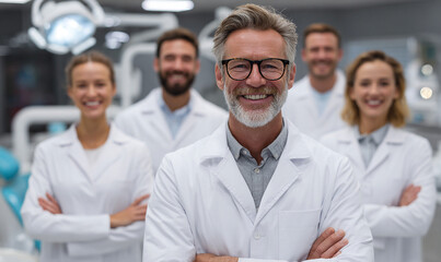 A group of smiling dentists in white coats standing in a dental office setting