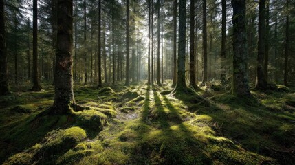 Obraz premium Sunlight filtering through a dense forest