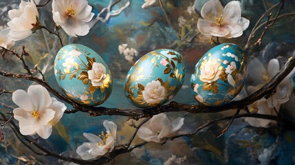 Ornate teal eggs adorned with floral designs.