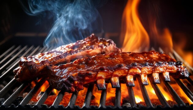 delicious bbq spareribs grilling on hot charcoal grill with flames