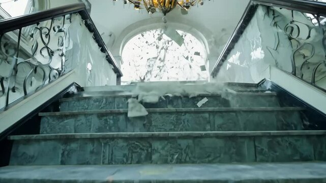 Elegant staircase exploding in slow motion