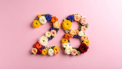 Number 28 made out of flowers with colored background. Photo for 28th birthday or anniversary party