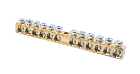 Copper terminal block with multiple screw connections isolated on white background.