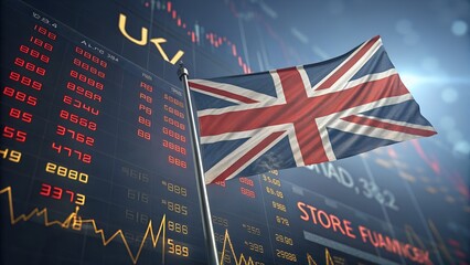 UK Flag with Financial Data on Stock Market Background Representing Economic Performance