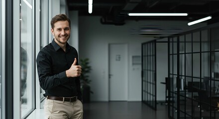 Fototapeta premium Confident Businessman Giving Thumbs Up in Modern Office