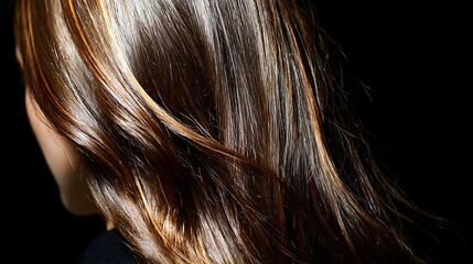 Beautiful brown hair with blonde highlights flows softly against a dark backdrop showcasing its...
