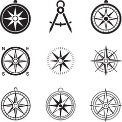 Compasses and divider tool vector icon set nautical navigation tools for design projects directional symbols black and white