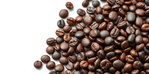 Obraz premium Close-up of dark roasted coffee beans isolated on white, studio shot, texture