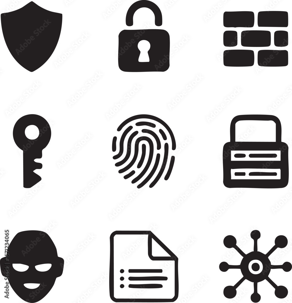 Poster cybersecurity and privacy icon set featuring protection shield lock key and fingerprint security mea