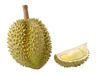 Obraz premium Whole durian fruit and sliced piece isolated on white background tropical exotic flavor