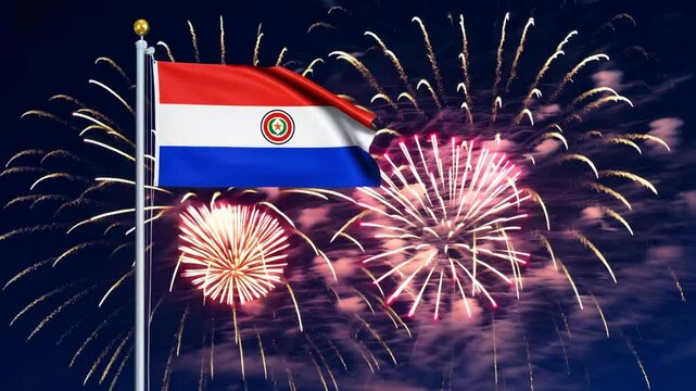 National flag independence state Paraguay, background fireworks. AI Generative