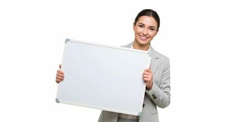 Confident Businesswoman Holds Blank Whiteboard, Ready to Present