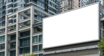 Blank billboard advertisement positioned against the backdrop of modern high-rise buildings.