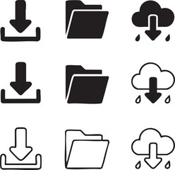 Digital data transfer and storage vector icon set for cloud downloads and folder management in black and white