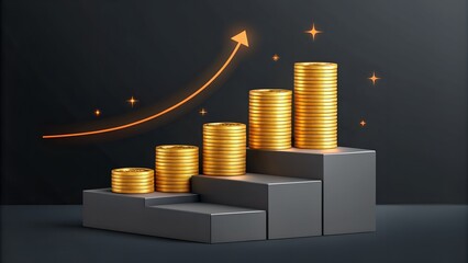 Gold Coin Stacks on Pedestals with Glowing Arrow Showing Financial Growth