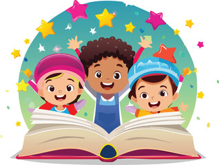 A big open book held up by smiling kids with stars and ideas floating out, symbolizing the magic of reading