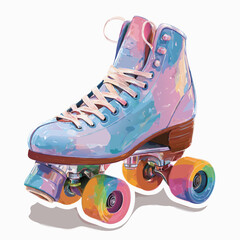 cute roller skate with rainbow wheels in fun sticker art style, isolated on white, 4K resolution