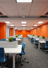 Fototapeta premium A photo of office cubicles with white desks and blue chairs plants on the desks orange walls grey carpeted floor and bright lights on the ceiling Empty room interior design Ultra realistic Phot