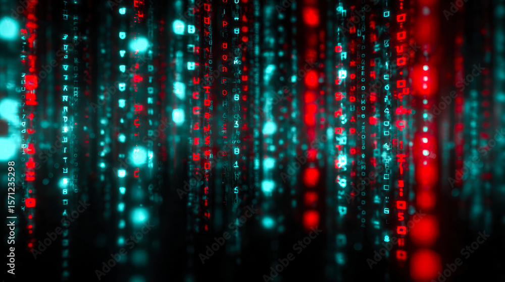 Poster digital data streams in vibrant neon colors creating a futuristic cyber environment